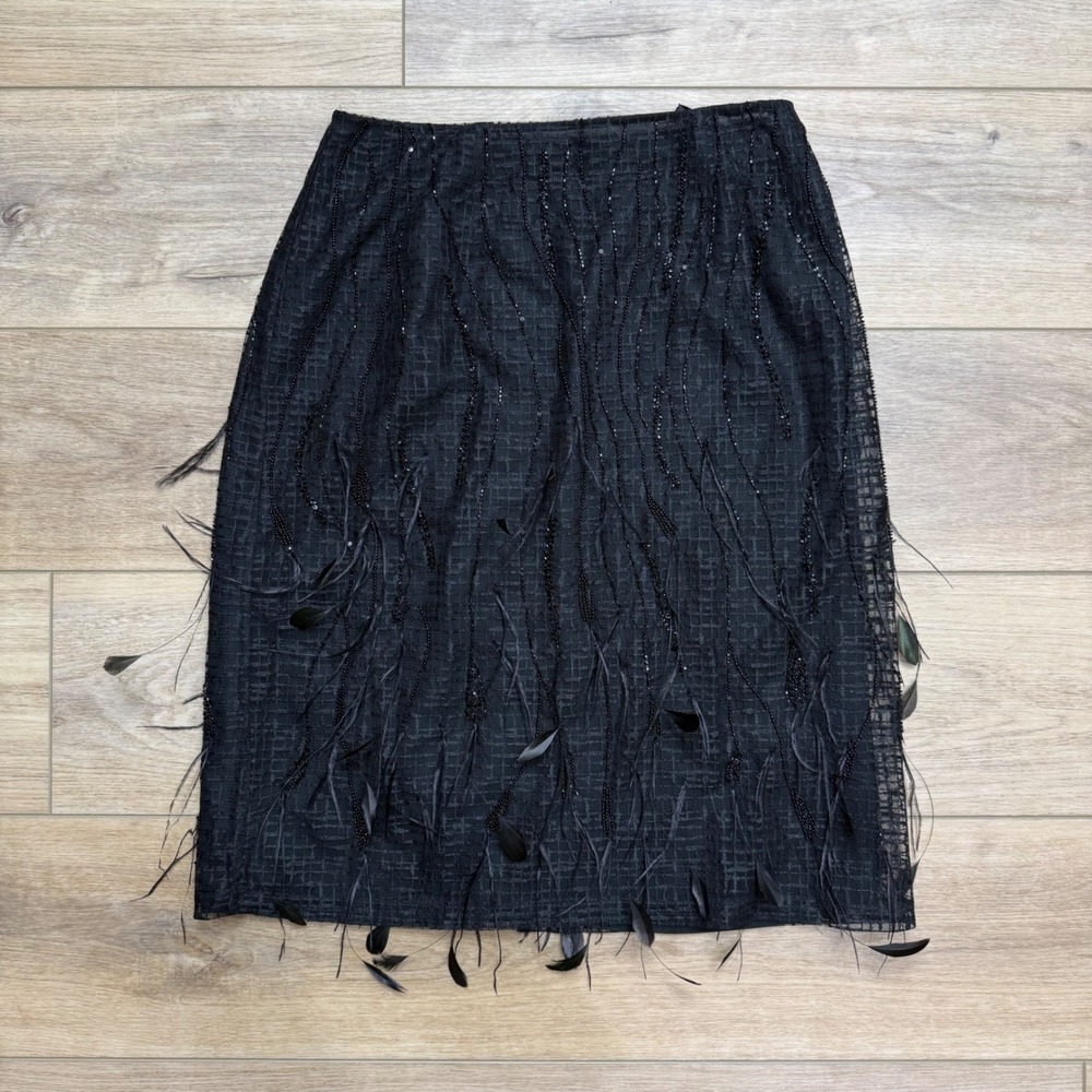 Black Beaded Lace Feather Pencil Skirt Whimsigoth Cocktail Party Designer Formal